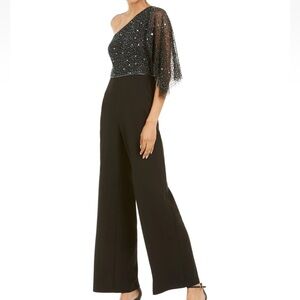 ADRIANNA PAPELL Womens Black Overlay One Shoulder Evening Jumpsuit 12 NWT